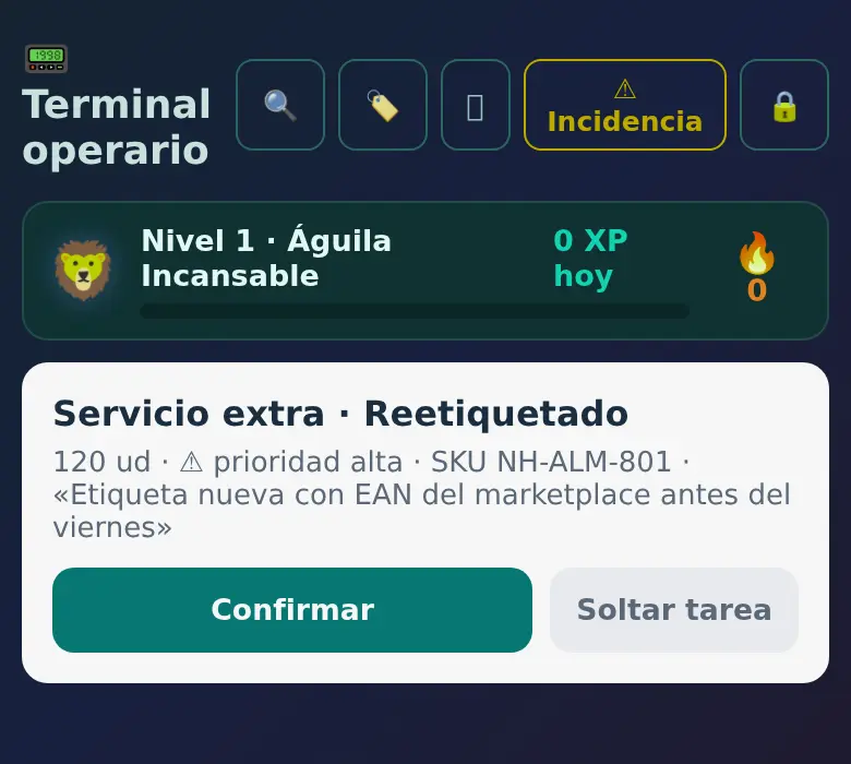 PDA real de Ubika: el sistema dicta al operario su siguiente tarea (servicio extra de reetiquetado, prioridad alta) con botones Confirmar y Soltar tarea